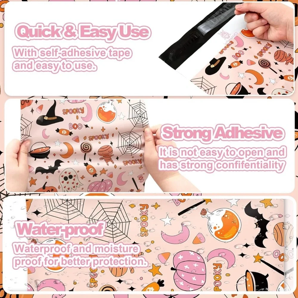 30 Pink Halloween Poly Mailers 10” x 13” Ghost Pumpkins Witch Hats Candy Mummy